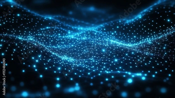 Fototapeta Abstract blue glowing digital grid background with shining connections and dots. Digital technology, futuristic network concept, big data visualization.
