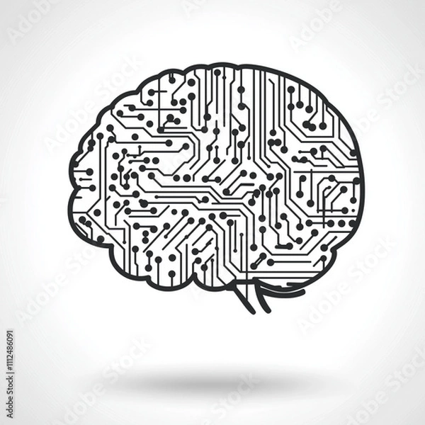 Fototapeta A stylized brain icon with circuit lines on a white background, representing artificial intelligence.