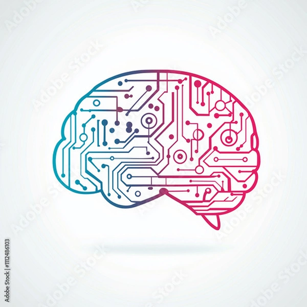 Fototapeta A stylized brain icon with circuit lines on a white background, representing artificial intelligence.