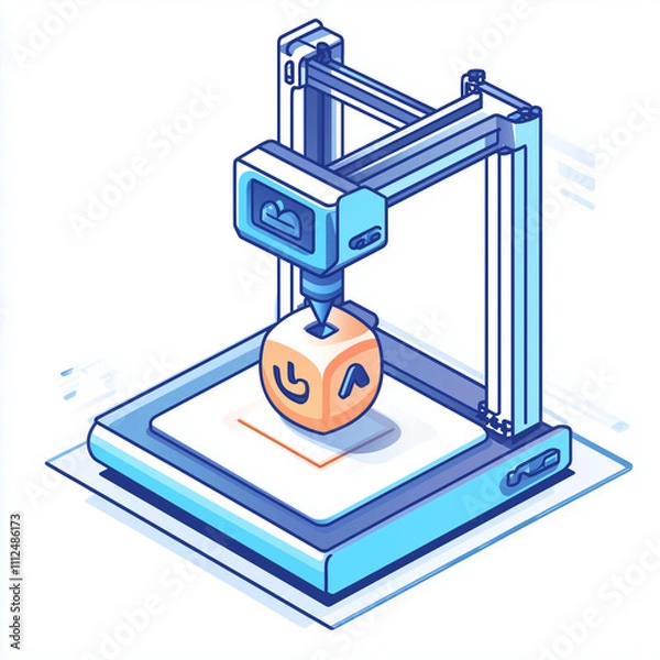 Fototapeta A 3D printer icon creating a simple object, all set against a white background.