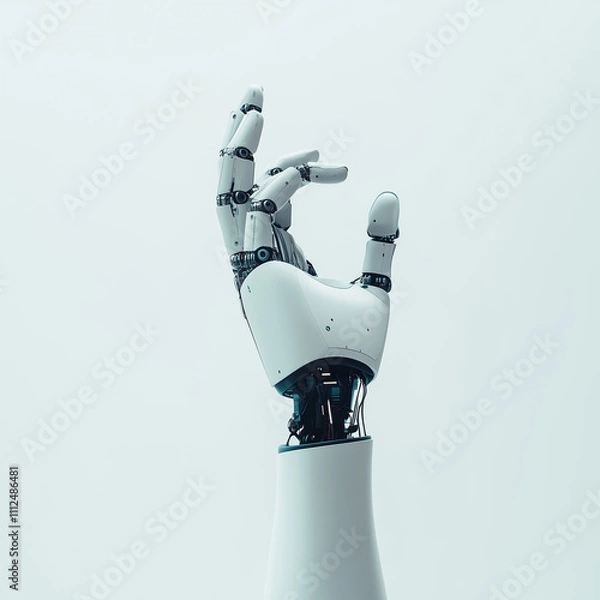 Fototapeta A robotic hand reaching upward, symbolizing technological advancement, centered on a white backdrop.