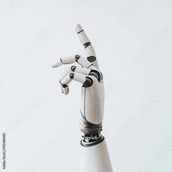 Fototapeta A robotic hand reaching upward, symbolizing technological advancement, centered on a white backdrop.