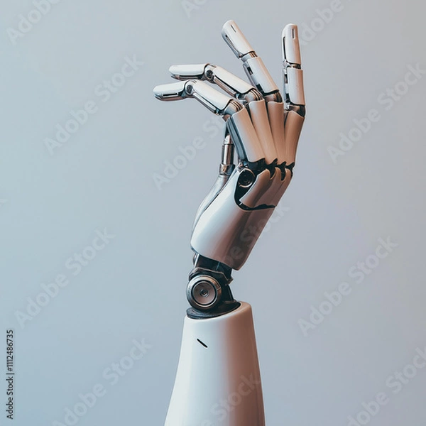 Fototapeta A robotic hand reaching upward, symbolizing technological advancement, centered on a white backdrop.