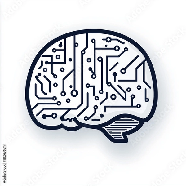 Fototapeta A stylized brain icon with circuit lines on a white background, representing artificial intelligence.