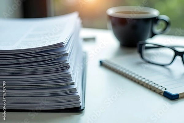 Fototapeta Stack of legal documents on wooden desk, symbolizing meticulous attention to detail and the importance of precision in legal matters.