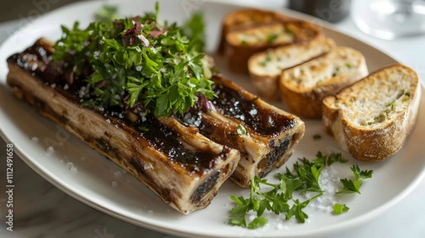 Fototapeta Grilled Bone Marrow with Oxtail Jam and Sourdough, Rich Appetizer Photography