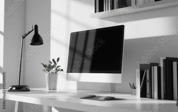 Fototapeta A close-up of an computer on a white desk in a black and white modern interior, with a black lamp, books, a white wall, and a black screen mockup