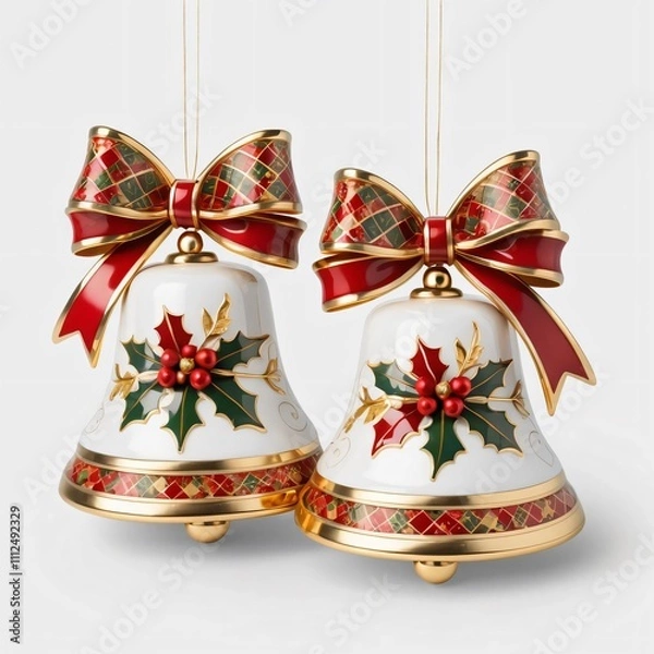 Obraz Christmas bells decorated with gold and red patterns, adorned with holly leaves and a festive ribbon. Set against a white background.