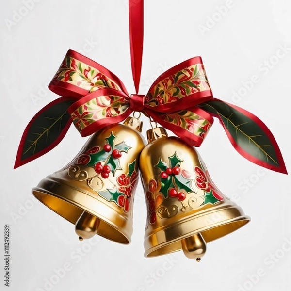 Obraz Christmas bells decorated with gold and red patterns, adorned with holly leaves and a festive ribbon. Set against a white background.