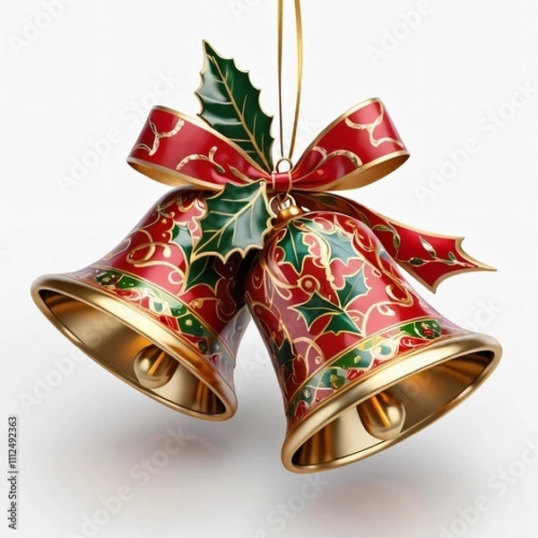 Obraz Christmas bells decorated with gold and red patterns, adorned with holly leaves and a festive ribbon. Set against a white background.