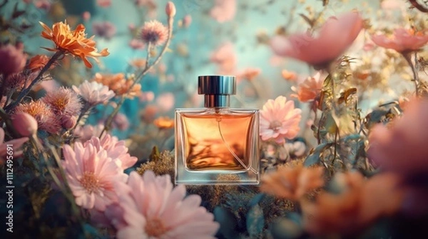 Fototapeta A delicate fragrance bottle stands prominently among vibrant flowers in a beautiful garden. The soft petals and colorful blooms create a tranquil atmosphere, perfect for relaxation