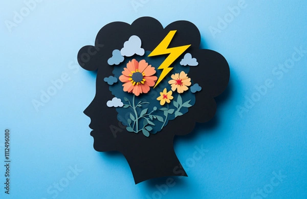 Obraz Silhouette of a  head with flowers and thunderstorm on a blue background. Concept template banner of depression, premenstrual syndrome, mental disorders and mental problems with space for text