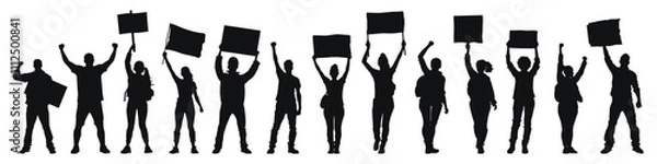 Fototapeta Crowd holding signs and flags in protest, vector illustration. Group of activists raising fists and banners in peaceful demonstration for social causes.
