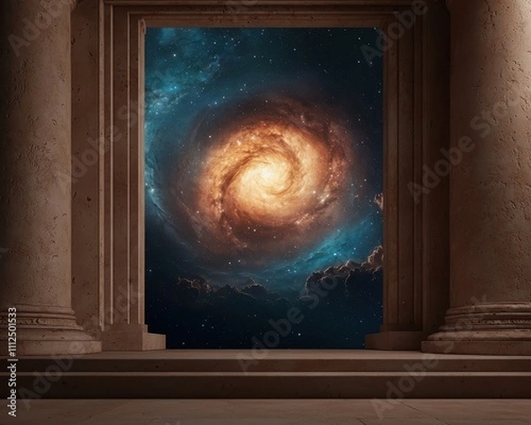 Fototapeta Cosmic Portal with Swirling Galaxy in an Ancient Stone Archway