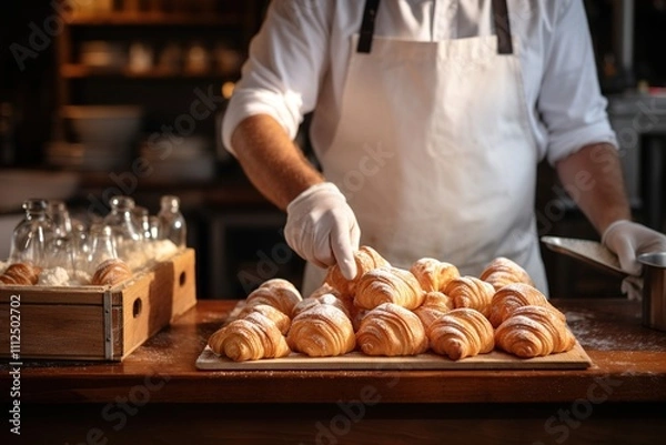 Fototapeta baker arranging croissants in a bakery