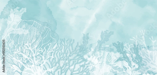Fototapeta Luxury invitation card background on a marine theme with underwater plants, corals on a blue watercolor background.  Abstract art background, cover template. Vector design with space for text.