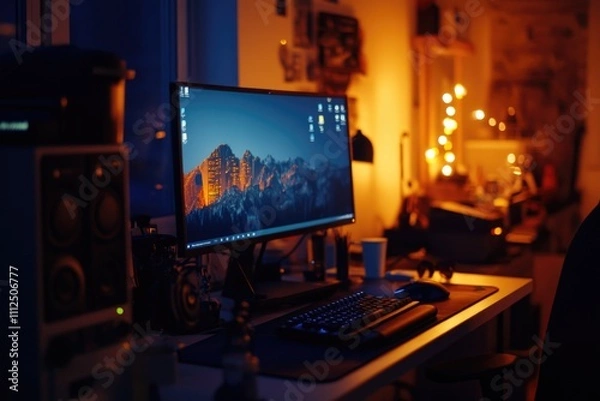 Fototapeta A computer monitor sitting on a desk, suitable for office or work-related contexts