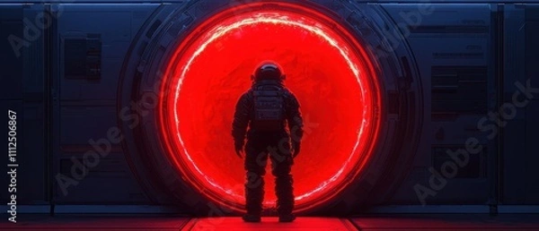 Fototapeta Astronaut Standing Before a Glowing Red Portal in Sci-Fi Setting