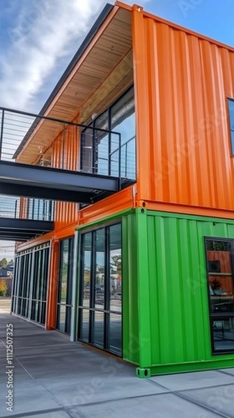 Fototapeta Modern architecture of colorful shipping container building with orange and green exterior and glass windows, showcasing innovative and sustainable design concepts.