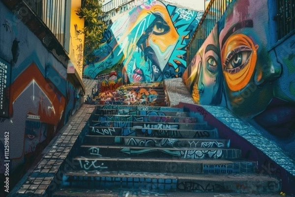 Fototapeta Stairs with vibrant graffiti artwork