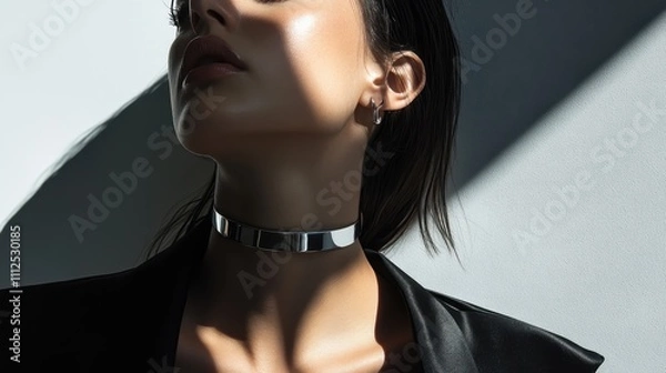 Fototapeta Elegant Woman with Chic Updo Wearing a Minimalist Silver Choker in a Dramatic Light and Shadow Composition