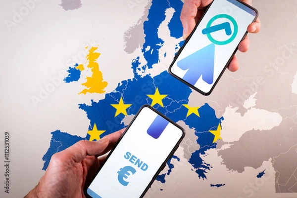 Fototapeta Smartphone screens displaying euro symbol and transfer icon over map of Europe, symbolizing The Instant Payments Regulation tand Ensuring euro money transfers arrive within ten seconds