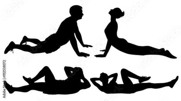 Obraz Vector silhouettes of man and woman doing stretching and yoga exercises. Fitness illustration.