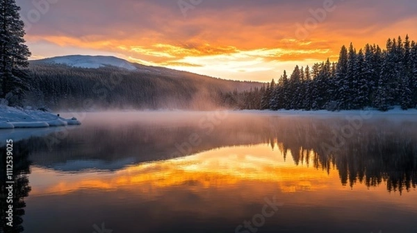 Obraz Stunning Sunset Reflection Over a Tranquil Lake Surrounded by Snowy Pines and Mountains, Capturing the Essence of Winter's Beauty in Nature