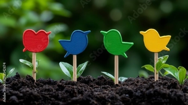 Obraz Colorful bird markers in garden soil with green leaves growing around them, vibrant representation of nature's diversity.