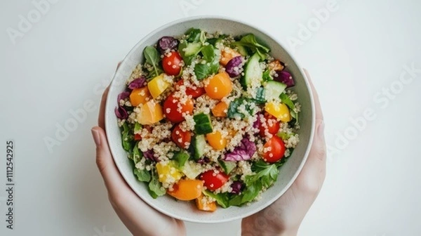 Fototapeta Fresh Colorful Salad with Quinoa and Vegetables in Hands