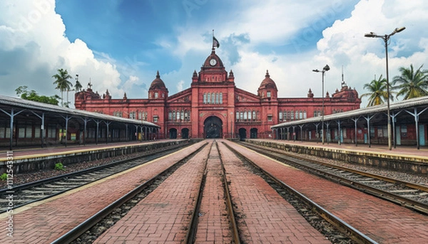 Fototapeta iconic Howrah Railway Station in Kolkata showcases stunning architecture and vibrant colors, surrounded by dramatic sky