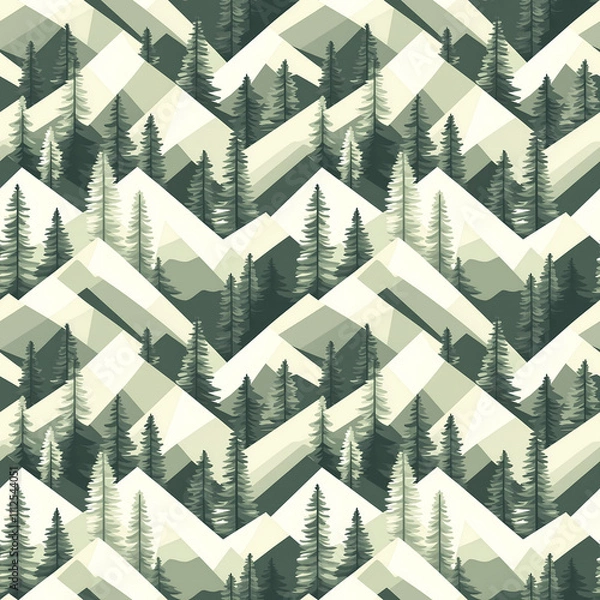 Obraz Seamless mountain and pine tree pattern in muted green tones for nature-themed design