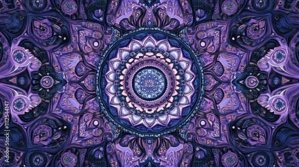 Fototapeta A highly detailed pixel art mandala made of intricate patterns and gradients, with soft purple and blue tones