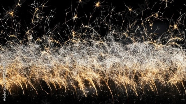 Fototapeta An array of sparklers igniting simultaneously, creating a shimmering wall of light with dynamic golden and white trails, set against a deep black backdrop.