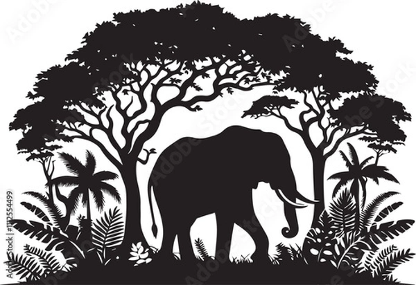 Fototapeta Elephant silhouette in a jungle surrounded by trees and leaves vector