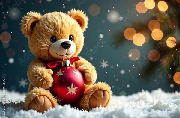 Obraz teddy bear with christmas ball in paws, christmas festive background