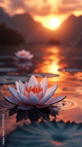 Fototapeta Lotus serenely floating under vibrant sunset sky
