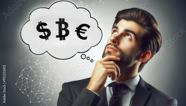 Fototapeta Worried man looking up and thinking with dollar, euro, bitcoin symbol in thought bubble above his head
