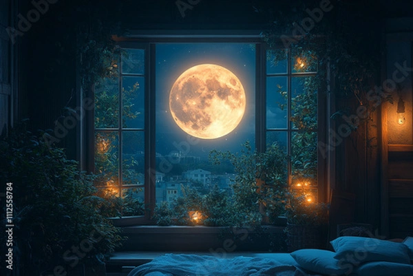 Obraz Serene Nighttime Bedroom View Featuring A Giant Moon