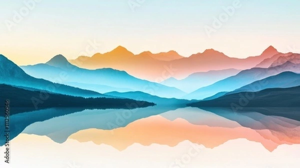 Fototapeta Bright vibrant landscape collage blending soft shades of sunrise over mountains, tranquil skies, and peaceful waters. Harmonious, abstract composition conveying serenity and nature beauty.