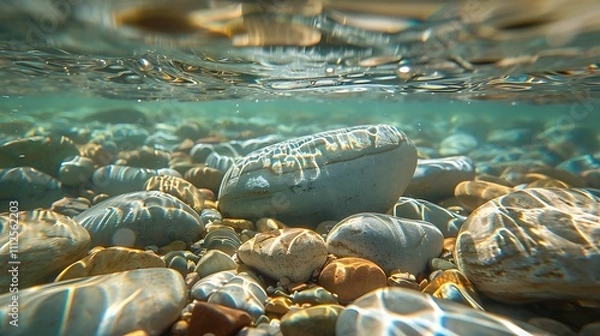 Obraz An ultra-close view of pebbles under clear lake water, showing the light reflections and the details of each stone.