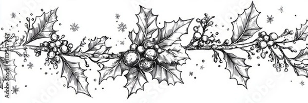 Fototapeta Christmas drawn holly line decor, pine branch, snowflake background. Hand drawn doodle sketch holly floral, christmas tree leaves, winter pine. Holiday ornament sketch doodle. Vector illustration