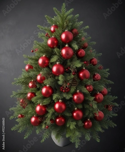 Fototapeta Overhead view of a Christmas tree with multiple branches having red ball ornaments, ornaments,