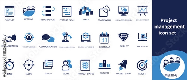 Fototapeta Project management icon set, performance, streamlining, return on investment, best practices, workload distribution, time, resources, reduction, conference, and more.