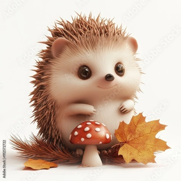 Obraz Cute hedgehog surrounded by autumn leaves and a mushroom, perfect for nature and wildlife themes.