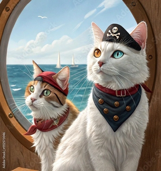 Fototapeta cats dressed as pirates, peering through a ship's porthole. In the background, luxurious yachts sail across the sparkling blue ocean
