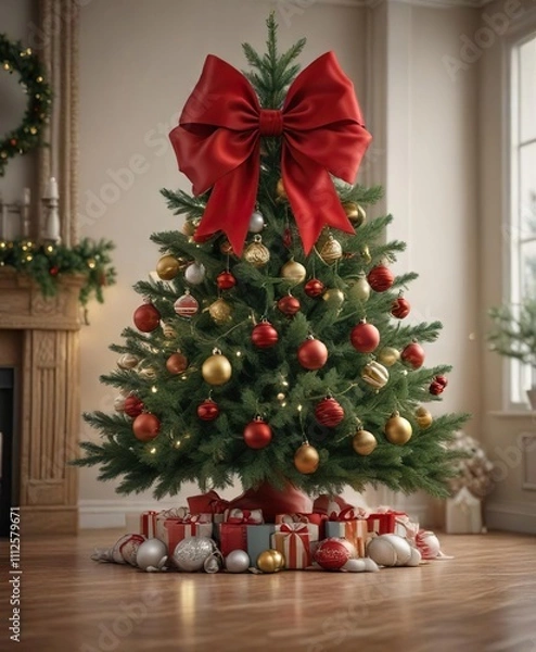 Fototapeta Spruce Christmas tree with a large bow and ornaments, garland, evergreen