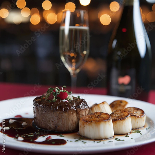 Obraz Romantic dinner with filet mignon, scallops, champagne, and red wine 