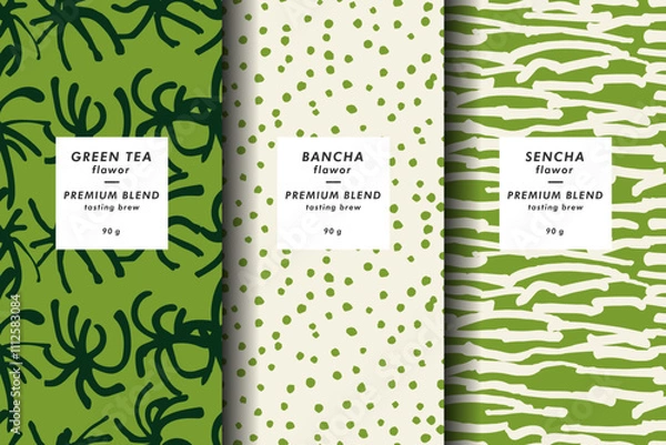 Fototapeta Vector illustration set of templates contemporary abstract cover and patterns for matcha tea packaging with labels. Minimal modern backgrounds