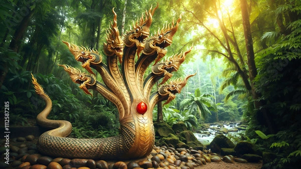 Obraz serpent, Thai Naga, 7 headed king Naga in the forest.